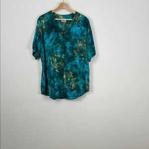 Young Fashion Hawaiian Button Down Women's 1X Teal Gold Tie-Dye Floral Blouse